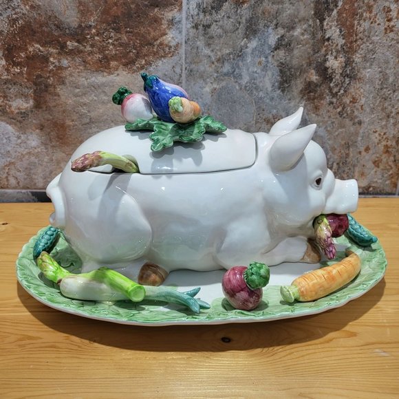VTG Fitz & Floyd Pig Tureen Large Soup Bowl Lid Ladle Under Plate - Picture 1 of 16